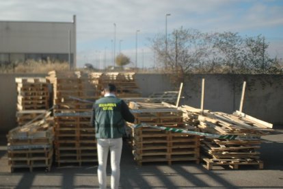 Un agente dela Guardia Civil observa algunos de los palés investigados durante la operación que afecta a una empresa de Soria. HDS