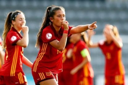 María Llompart celebrando el gol de la victoria ante Alemania-RFEF