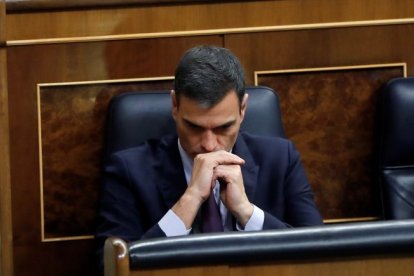 Pedro Sánchez, durante el debate de los Presupuestos, en febrero en el Congreso.-EFE / JUAN CARLOS HIDALGO