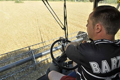 Un hombre maneja una cosechadora en un campo. / VALENTÍN GUISANDE-