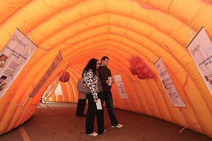 La exposición ‘Un paseo por el colon’ instalada ayer en la plaza Herradores. / Ú.S.-