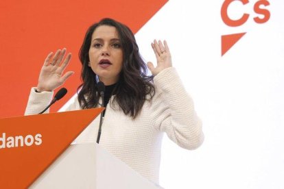 La portavoz de Ciudadanos en el Congreso, Inés Arrimadas, durante una rueda de prensa.-DAVID CASTRO