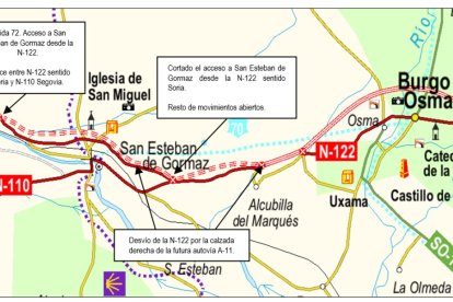 Mapa de cómo se regulará el tráfico en la zona afectada por las obras de la A-11. HDS