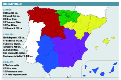 Mapa con la distribución de los grupos en la 2ª RFEF. HDS