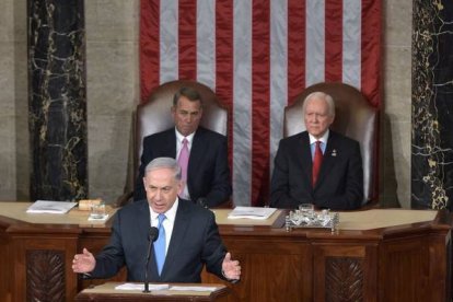 El primer ministro israelí, Binyamin Netanyahu, en su discurso ante el Congreso de EEUU.-Foto:  AFP / MANDEL NGAN