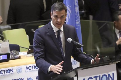 El presidente del Gobierno español, Pedro Sánchez, durante su intervención en la sede de Naciones Unidas.-EFE