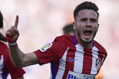 Saúl celebra el gol que decidió el partido contra el Eibar.-AFP / JAVIER SORIANO