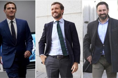 Albert Rivera (líder de Ciudadanos), Pablo Casado (PP) y Santiago Abascal (Vox).-