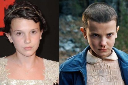 La actriz Millie Bobby Brown y, a la derecha, en su papel de Once en 'Stranger things'.-