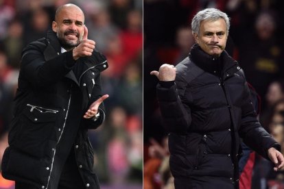 Mourinho y Guardiola, durante el derbi de Manchester del domingo pasado-/ CARL RECINE (REUTERS)