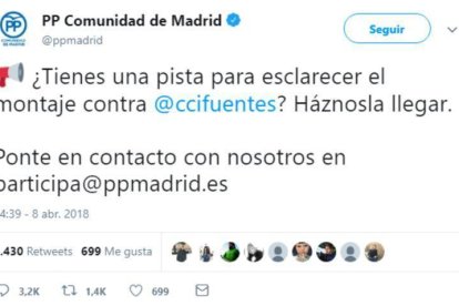 Tuit del PP madrileño.-EL PERIÓDICO