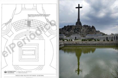 A la izquierda, uno de los planos de ejecución que manejan los técnicos de Patrimonio Nacional para exhumar a Franco. A la derecha, la Cruz de los Caídos, vista desde la abadía benedictina que la custodia.-JOSÉ LUIS ROCA