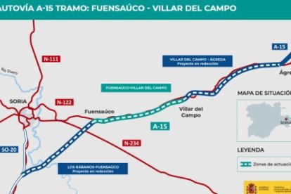 En verde, el tramo de la autovía A-15 en licitación; en azul, los que están en redacción del proyecto.