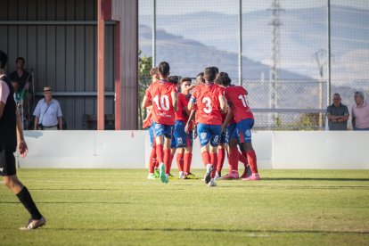 Los jugadores rojillos celebran el gol ante el Palencia.