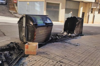 Contenedores incendiados en Venerable Carabantes en la madrugada de este domingo.