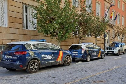 Coches de Policía Nacional apartados frente a la Subdelegación del Gobierno.