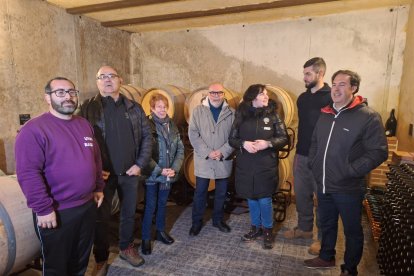 Miguel Latorre con los jóvenes aprendices en la bodega de Villálvaro (Soria)