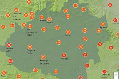 Mapa de la Aemet con la previsión de temperaturas en la franja horaria de las 15 horas de este sábado 25 de mayo.