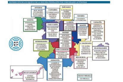 Mapa de los equipos que componen la Segunda Federación por Comunidades.