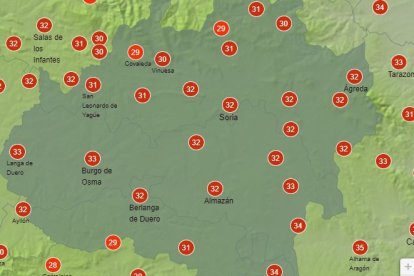 Mapa de Soria con las temperaturas previstas este jueves en la franja de las 18 horas.