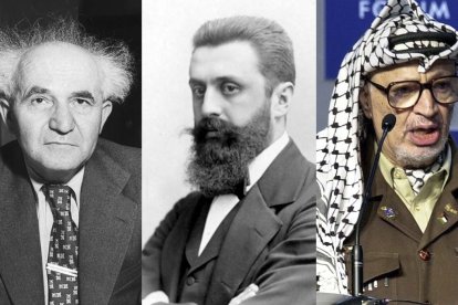 De izquierda a derecha, David Ben Gurion, Theodor Hertzel y Yasir Arafat.