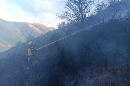 Un bombero de la BRIF de Lubia en una intervención.