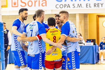 Los jugadores del C.V. Grupo Herce Río Duero celebran un punto durante un partido en Los Pajaritos.