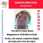 Cartel de SOS Desaparecidos de Tony Martín Paypay Zapata, visto por última vez en Soria.