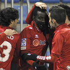 Los jugadores del Numancia celebran el gol de Sunny ante el Córdoba. / V. Guisande-
