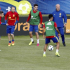 Vicente del Bosque y los jugadores en el entrenamiento del viernes en la Isla de Ré.-EFE / JUANJO MARTÍN