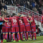 Los jugadores del Numancia celebran uno de los goles anotados ayer ante el Sevilla Atlético.-Mario Tejedor