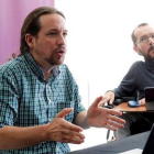 Pablo Iglesias y Pablo Echenique, durante la reunión interna de Unidas Podemos, este sábado.-EFE/ CHEMA MOYA
