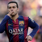 Pedro celebra un gol, en un partido del Barça la pasada temporada.-AFP / JOSEP LAGO