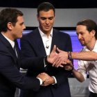 Albert Rivera, Pedro Sánchez y Pablo Iglesias, en un debate televisivo.-JUAN MANUEL PRATS