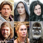 De arriba a abajo, y de izquierda a derecha, Daenerys Targaryen, Jaime Lannister, Sansa Stark, Jon Nieve, Arya Stark, Tyrion Lannister, Edduard Stark, Cersei Lannister, un caminante blanco y la 'bruja roja', Melissandre.-