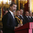El rey Felipe, junto a Letizia, durante su discurso al cuerpo diplomático en España, este miércoles.-Foto: CASA REAL
