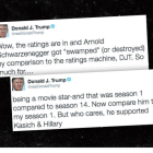 Montaje con dos de los tuits de Donald Trump en los que se mofa de las audiencias televisivas de Arnold Schwazenegger.-TWITTER
