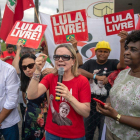 Brazilian Workers Party  PT  president and Parana state senator  Gleisi Hoffmann  speaks to supporters of Brazilian former president  2003-201-Mauro Pimentel   AFP