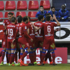 Los jugadores del Numancia celebran el gol de Jairo que a la postre daba la victoria ante el Reus.-María Ferrer