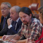 El secretario general de Podemos, Pablo Iglesias, en la comisión sobre financiación en el Senado.-JOSE LUIS ROCA
