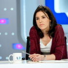 La portavoz adjunta de Podemos, Irene Montero, durante la entrevista que ha concedido este martes a 'Los desayunos de TVE'.-TVE