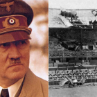 Hitler, junto a una imagen de los daños en la pista central de Wimbledon por el bombardeo de la aviación nazi.-ARCHIVO