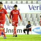 Julio Álvarez, Antionio Tomás y Juanma se lamentan tras uno de los goles marcados por el Sabadell / Área 11-