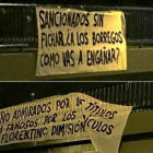 Pancartas contra Florentino Pérez en Madrid tras la sanción de la FIFA.-