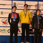 Lucas Izquierdo y Élgar Lloret en el pódium del Campeonato de España de Triatlón de Invierno.-DEPORAMA TRIATLÓN SORIANO