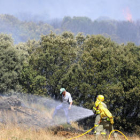 Agentes medioambientales y vecinos de la Sierra del Almuerzo durante las labores de extinción del incendio. / ÚRSULA SIERRA-