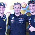 Thomas Luthi, Johann Zarco y Àlex Rins, candidatos al título de Moto2, en la conferencia de hoy en Sepang (Malasia).-EMILIO PÉREZ DE ROZAS / Enviado especial