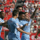 Los futbolistas del Girona celebran el gol marcado por Pablo Maffeo contra el Nàstic.-EFE