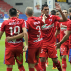 Los jugadores del Numancia celebran un gol en Los Pajaritos-Diego Mayor
