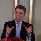 Santos, durante su comparecencia en Olso, el día antes de recibir el Nobel de la Paz.-TOBIAS SCHWARZ / AFP